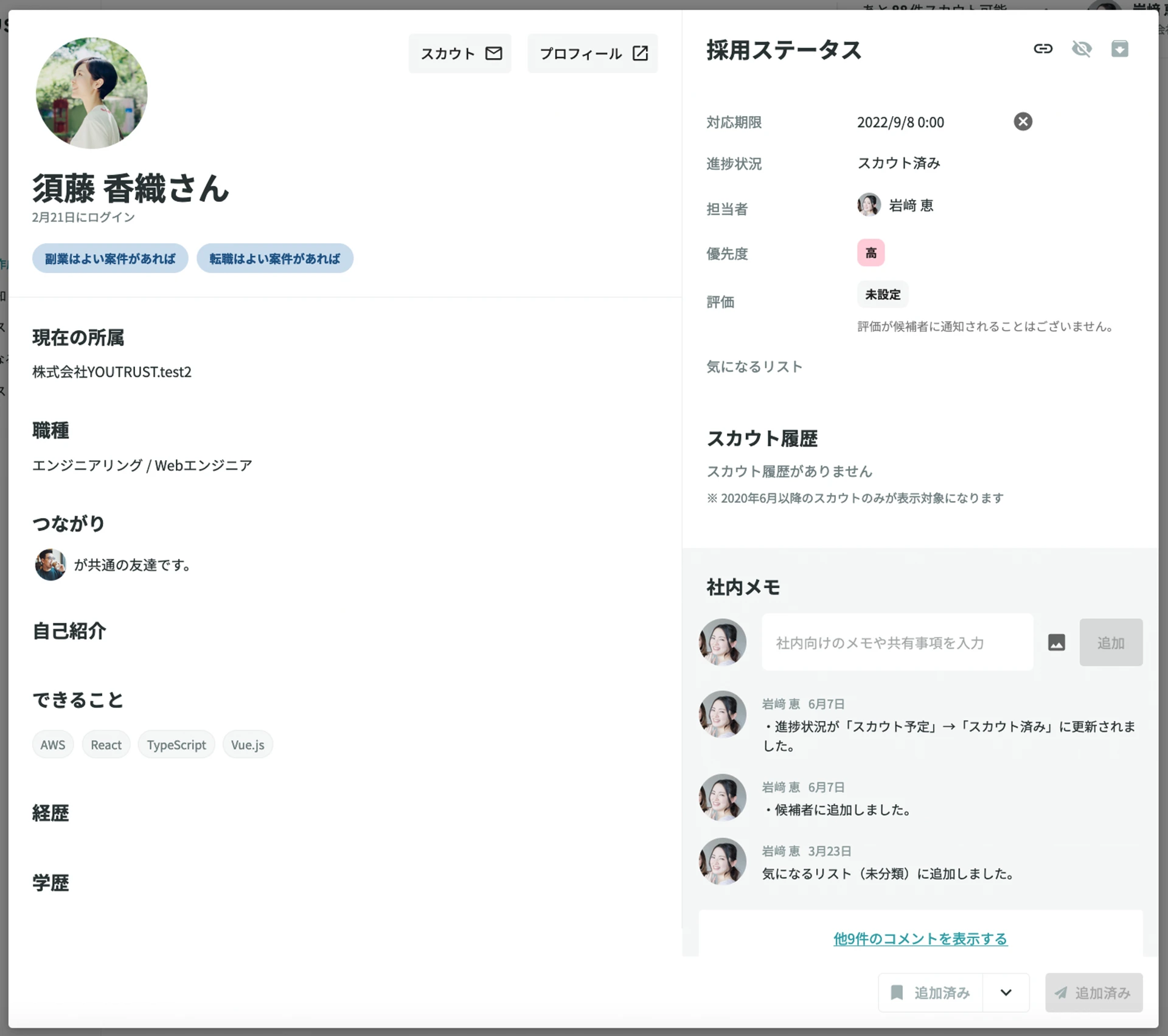 ユーザー詳細のステータスパネル