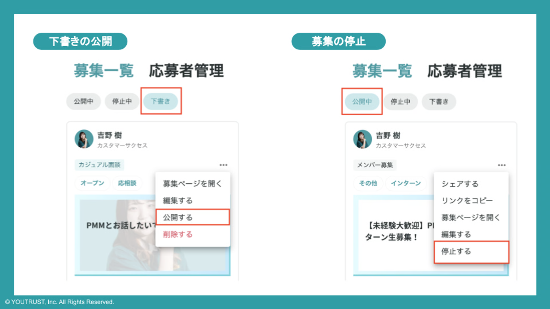 下書きの公開と募集の停止操作